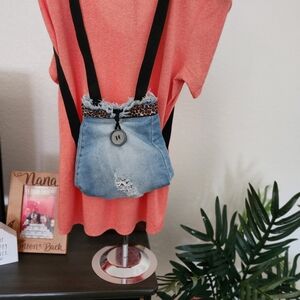 Denim Crossbody Bag with Leopard Trim